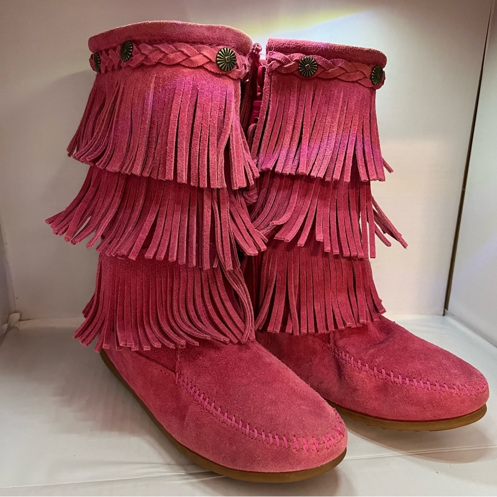 MINNETONKA Moccasin 3 Layer PINK Fringe Suede Boots Shoes Zip Girls 4 •MUST SEE•